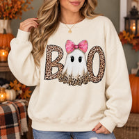 Pink Ghost Boo Halloween Sweatshirt & T-Shirt Cute Leopard Bow Spooky Season Fall Graphic Apparel