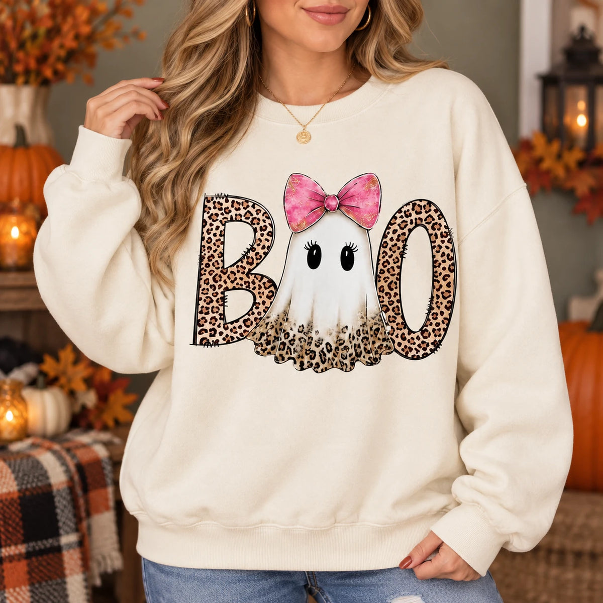 Pink Ghost Boo Halloween Sweatshirt & T-Shirt Cute Leopard Bow Spooky Season Fall Graphic Apparel