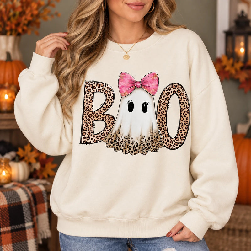 Pink Ghost Boo Halloween Sweatshirt & T-Shirt Cute Leopard Bow Spooky Season Fall Graphic Apparel