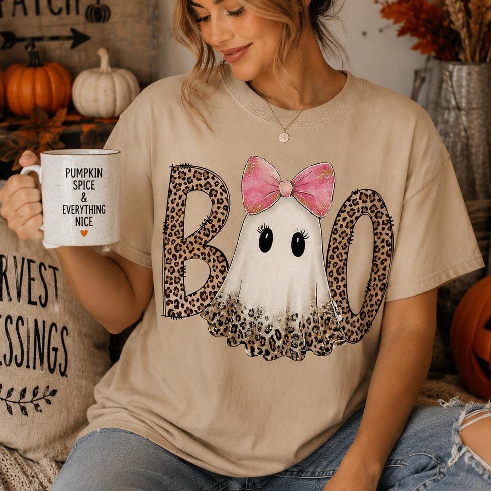Pink Ghost Halloween Boo Sweatshirt and T-Shirt Fall Spooky Season Women Leopard Coquette