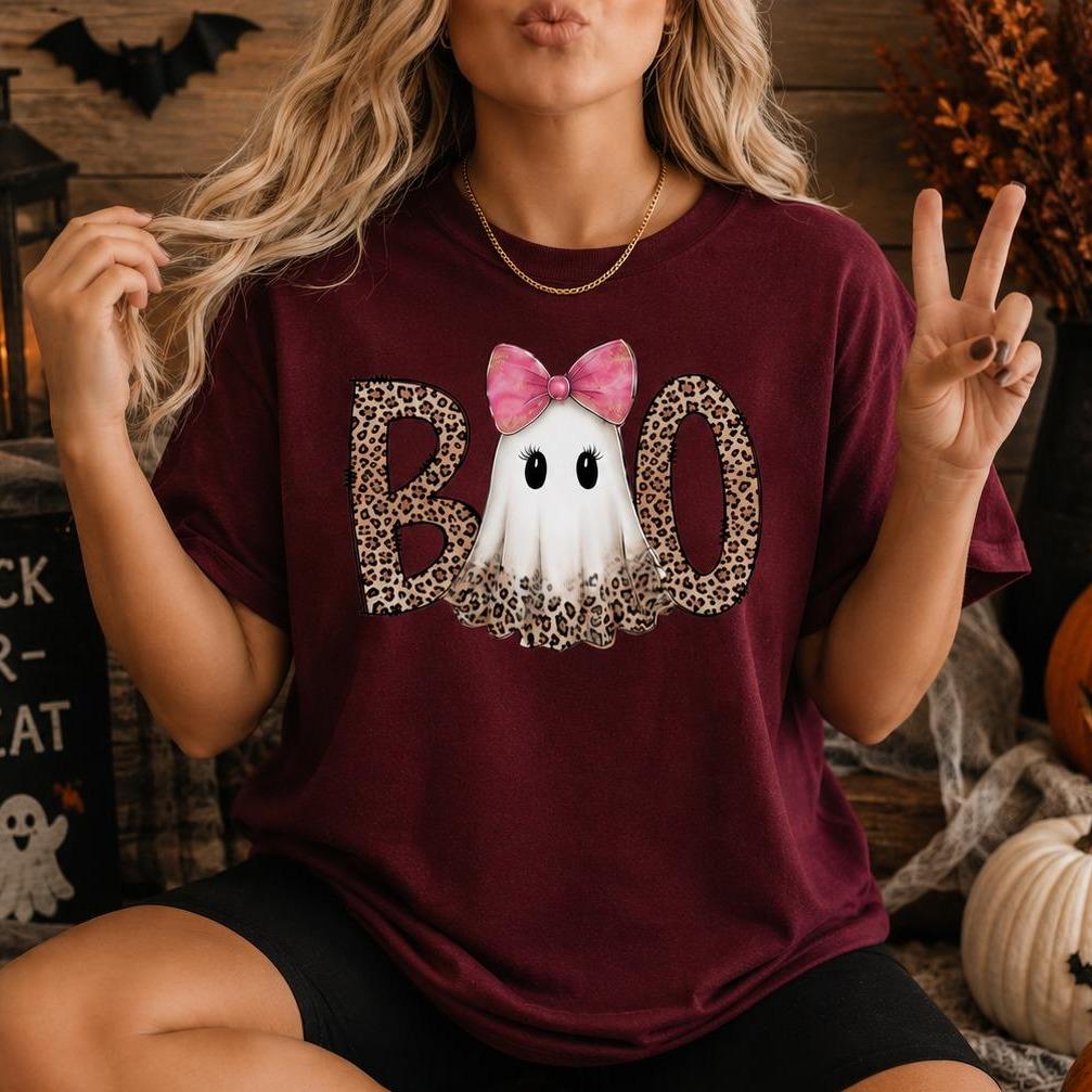 Pink Ghost Halloween Boo Sweatshirt and T-Shirt Fall Spooky Season Women Leopard Coquette