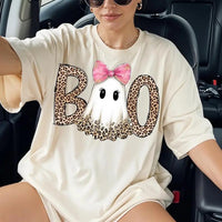 Pink Ghost Halloween Boo Sweatshirt and T-Shirt Fall Spooky Season Women Leopard Coquette