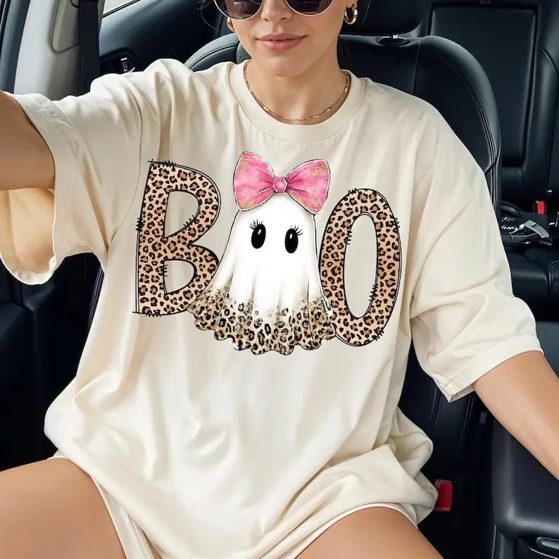 Pink Ghost Halloween Boo Sweatshirt and T-Shirt Fall Spooky Season Women Leopard Coquette