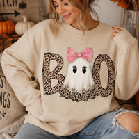 Pink Ghost Halloween Boo Sweatshirt and T-Shirt Fall Spooky Season Women Leopard Coquette