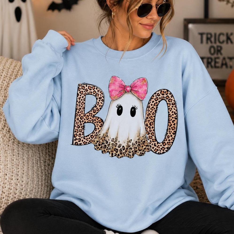 Pink Ghost Halloween Boo Sweatshirt and T-Shirt Fall Spooky Season Women Leopard Coquette