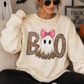 Pink Ghost Halloween Boo Sweatshirt and T-Shirt Fall Spooky Season Women Leopard Coquette