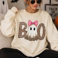 Pink Ghost Halloween Boo Sweatshirt and T-Shirt Fall Spooky Season Women Leopard Coquette