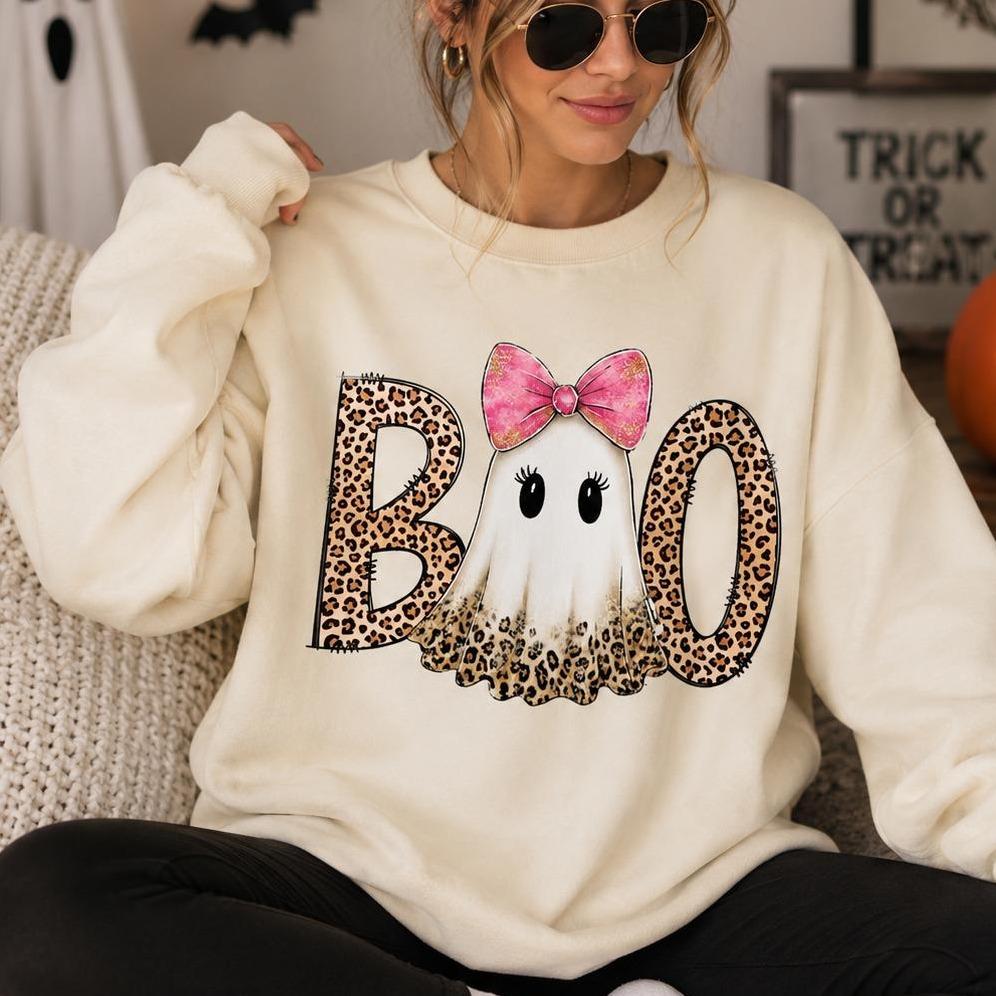 Pink Ghost Halloween Boo Sweatshirt and T-Shirt Fall Spooky Season Women Leopard Coquette