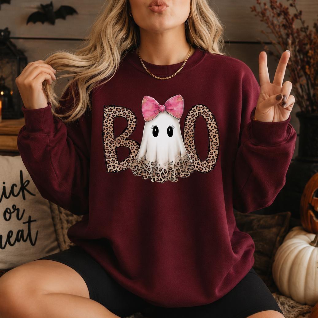 Pink Ghost Halloween Boo Sweatshirt and T-Shirt Fall Spooky Season Women Leopard Coquette