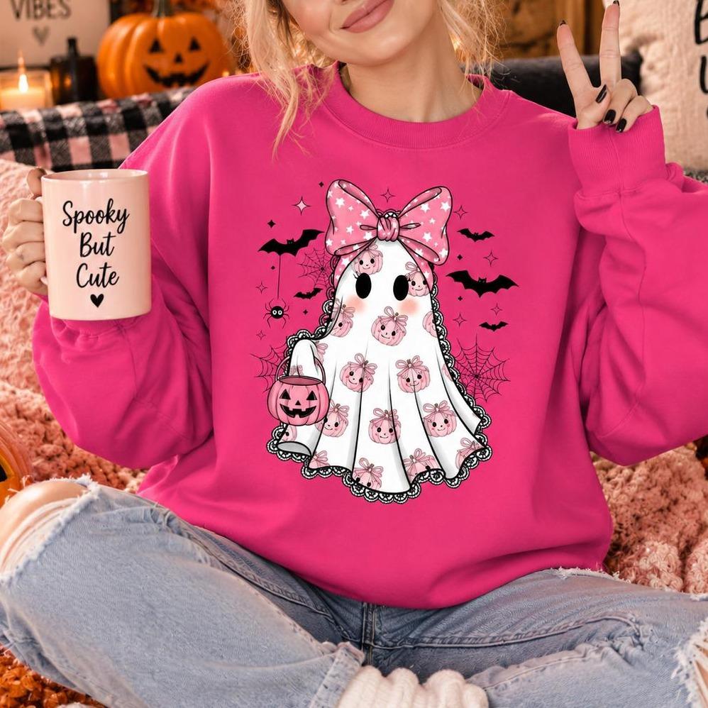 Pink Ghost Halloween Sweatshirt Cute Bow Ghost Halloween Women Coquette Spooky Season Design