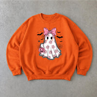 Pink Ghost Halloween Sweatshirt Cute Bow Ghost Halloween Women Coquette Spooky Season Design