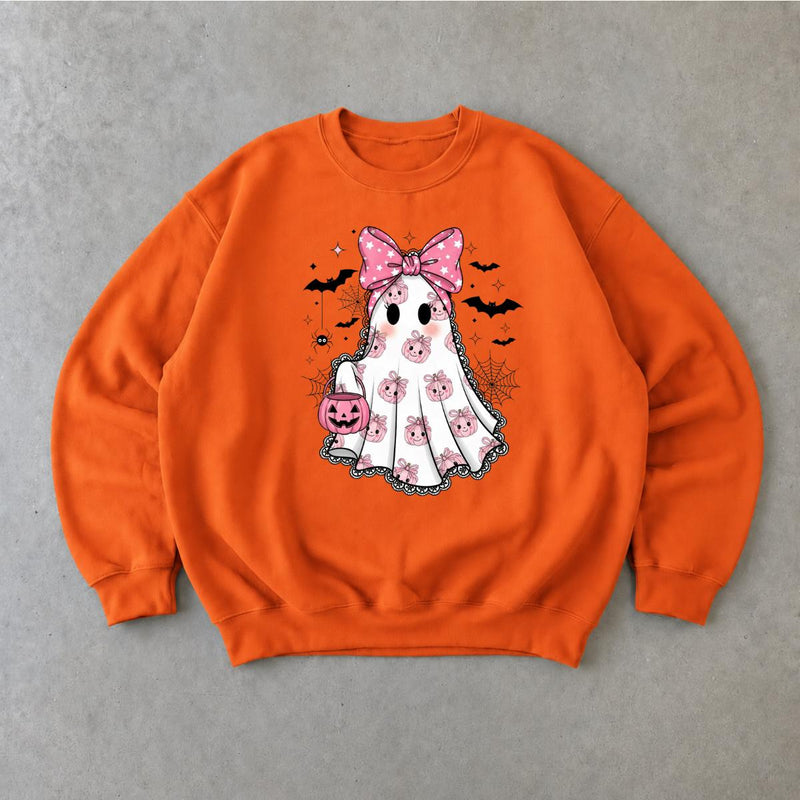 Pink Ghost Halloween Sweatshirt Cute Bow Ghost Halloween Women Coquette Spooky Season Design