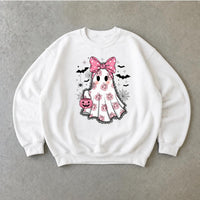 Pink Ghost Halloween Sweatshirt Cute Bow Ghost Halloween Women Coquette Spooky Season Design