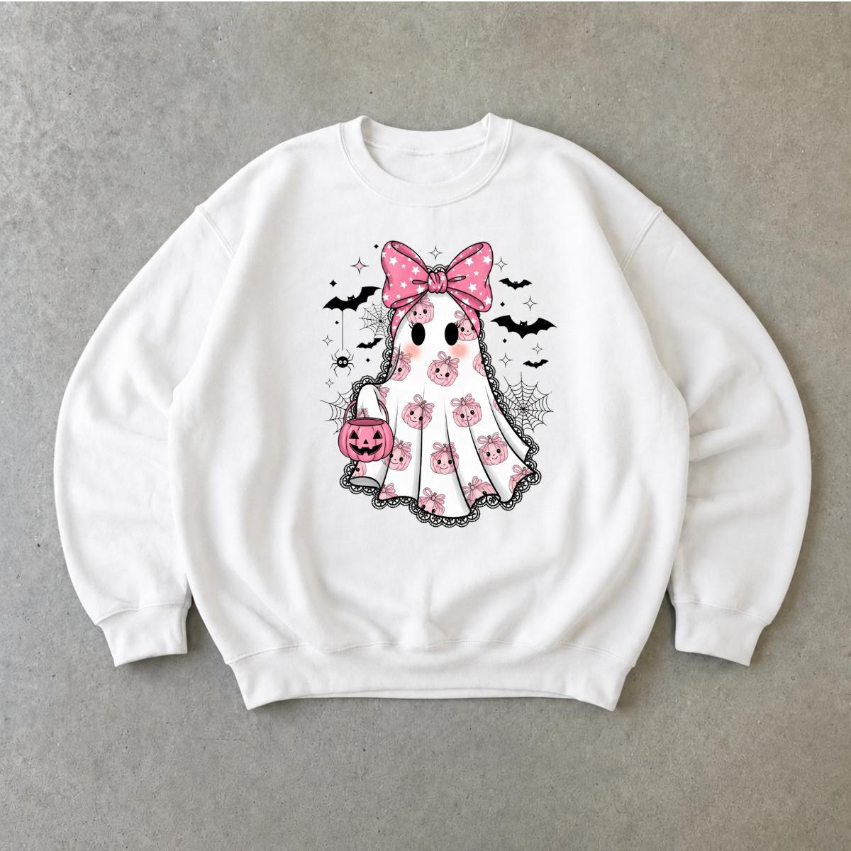 Pink Ghost Halloween Sweatshirt Cute Bow Ghost Halloween Women Coquette Spooky Season Design