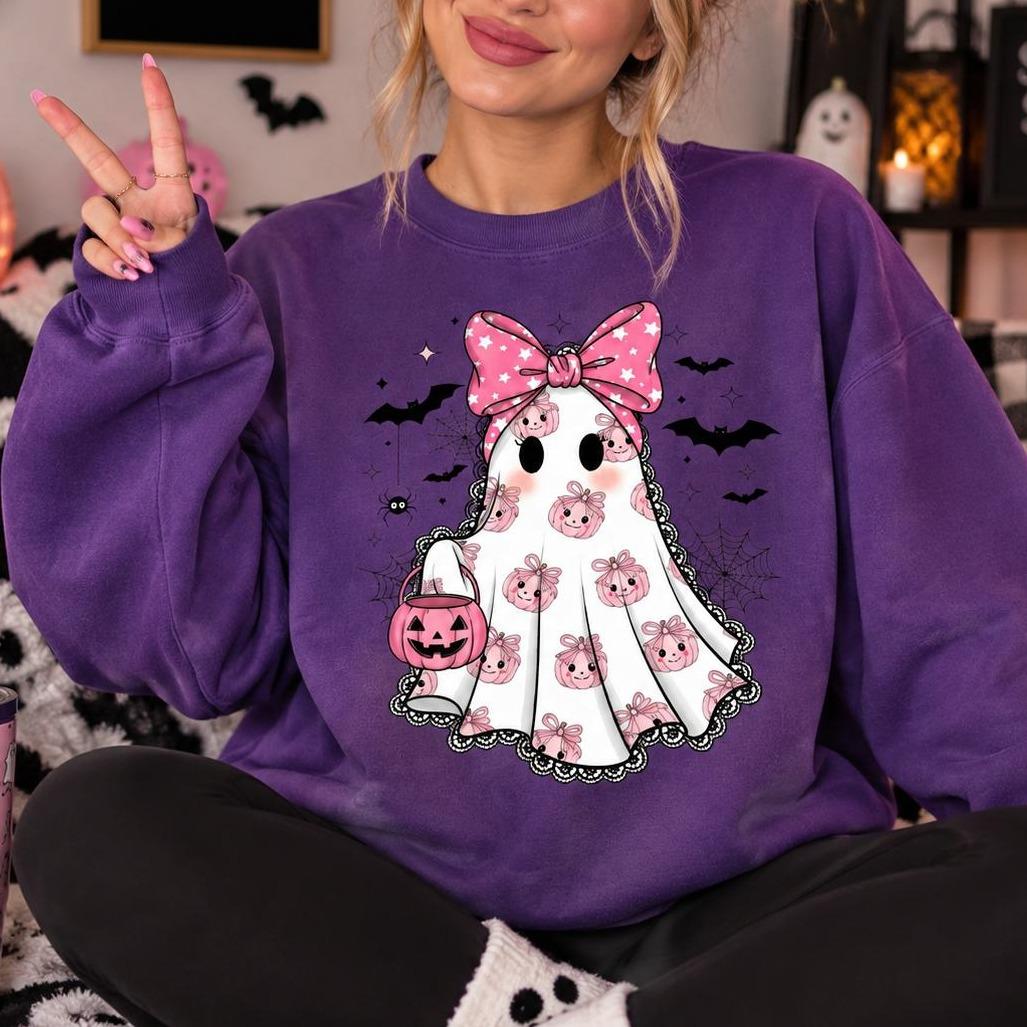 Pink Ghost Halloween Sweatshirt Cute Bow Ghost Halloween Women Coquette Spooky Season Design