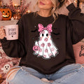 Pink Ghost Halloween Sweatshirt Cute Bow Ghost Halloween Women Coquette Spooky Season Design