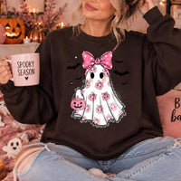 Pink Ghost Halloween Sweatshirt Cute Bow Ghost Halloween Women Coquette Spooky Season Design