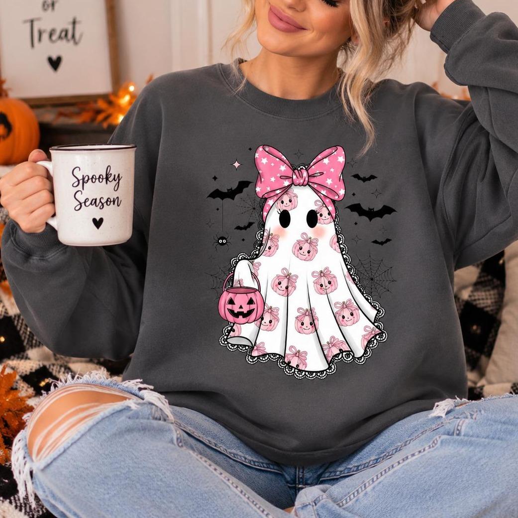 Pink Ghost Halloween Sweatshirt Cute Bow Ghost Halloween Women Coquette Spooky Season Design