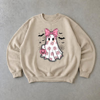Pink Ghost Halloween Sweatshirt Cute Bow Ghost Halloween Women Coquette Spooky Season Design