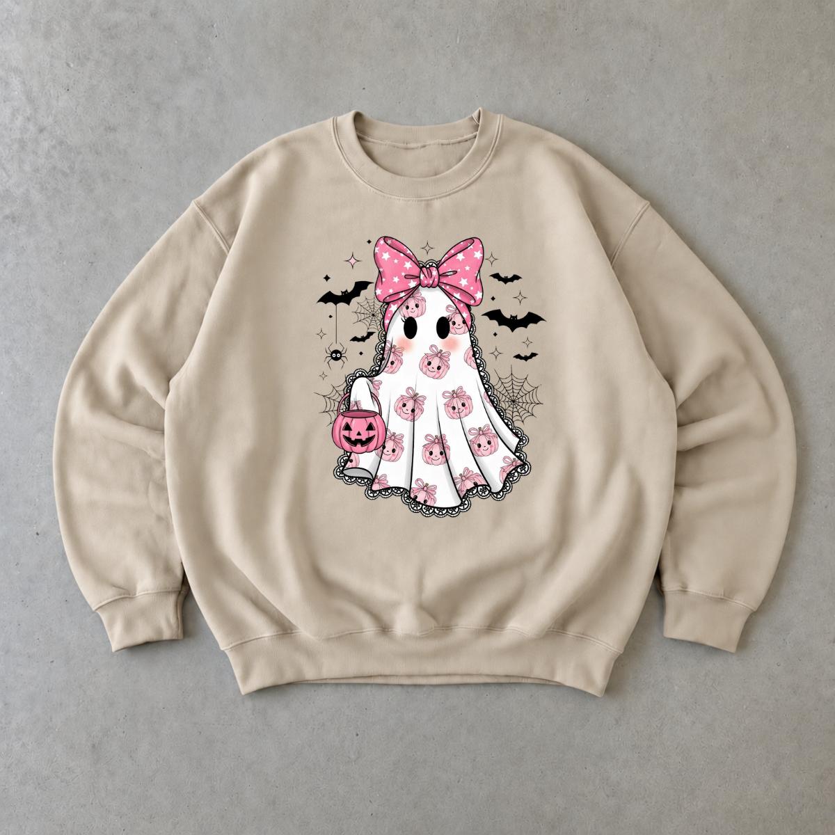 Pink Ghost Halloween Sweatshirt Cute Bow Ghost Halloween Women Coquette Spooky Season Design