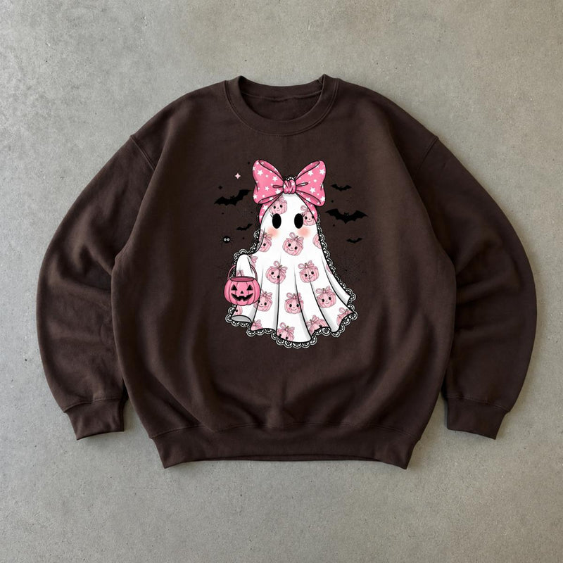Pink Ghost Halloween Sweatshirt Cute Bow Ghost Halloween Women Coquette Spooky Season Design