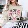Pink Halloween Ghost Bow Spooky Coquette Icons Sweatshirt and T-Shirt Fall Spooky Season Gift Women Cute Pastel Retro Aesthetic