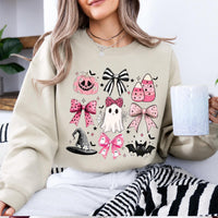Pink Halloween Ghost Bow Spooky Coquette Icons Sweatshirt and T-Shirt Fall Spooky Season Gift Women Cute Pastel Retro Aesthetic