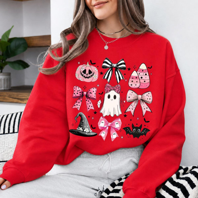 Pink Halloween Ghost Bow Spooky Coquette Icons Sweatshirt and T-Shirt Fall Spooky Season Gift Women Cute Pastel Retro Aesthetic