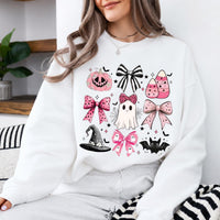 Pink Halloween Ghost Bow Spooky Coquette Icons Sweatshirt and T-Shirt Fall Spooky Season Gift Women Cute Pastel Retro Aesthetic