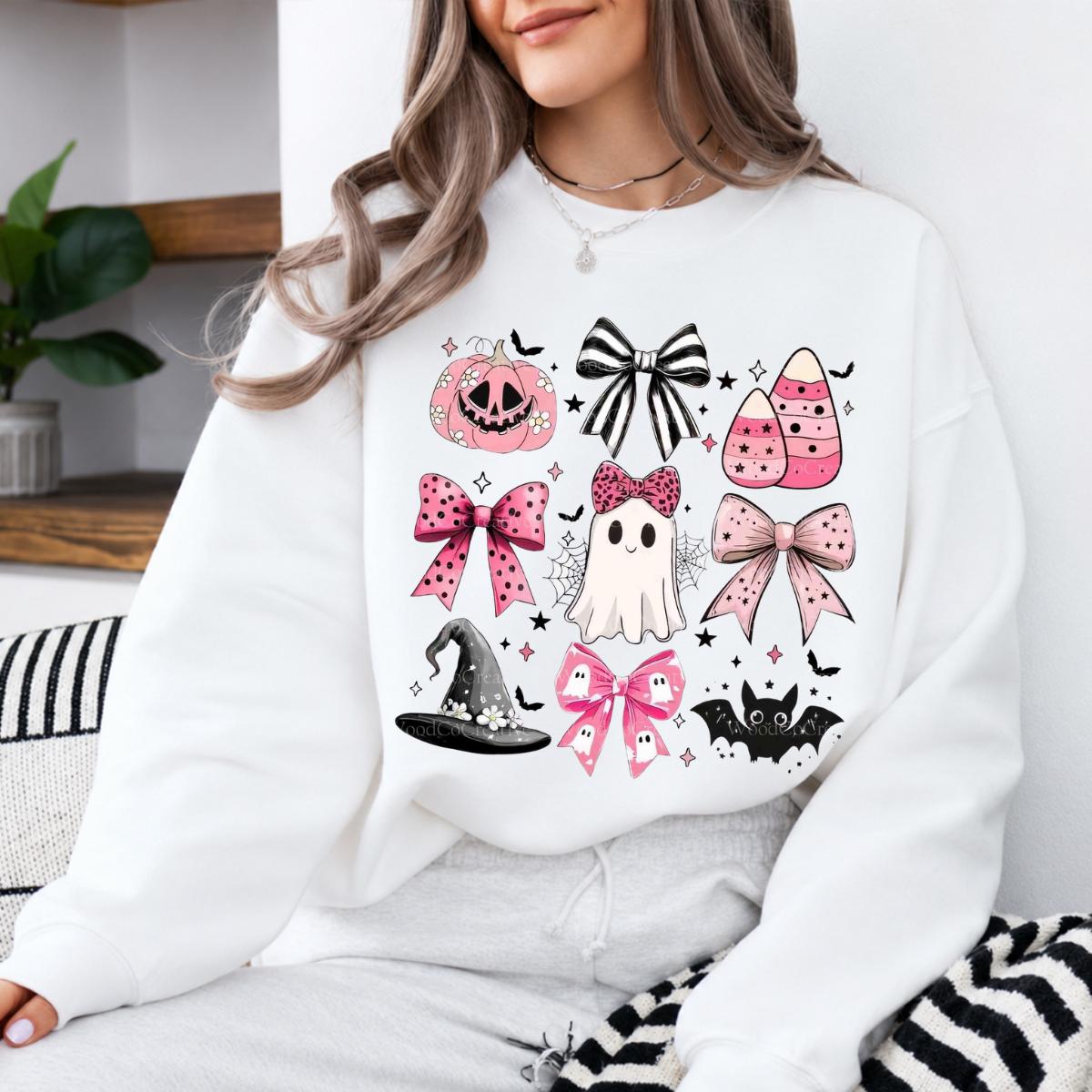 Pink Halloween Ghost Bow Spooky Coquette Icons Sweatshirt and T-Shirt Fall Spooky Season Gift Women Cute Pastel Retro Aesthetic