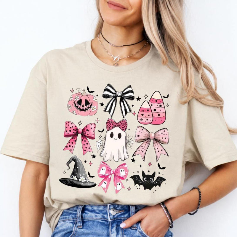 Pink Halloween Ghost Bow Spooky Coquette Icons Sweatshirt and T-Shirt Fall Spooky Season Gift Women Cute Pastel Retro Aesthetic