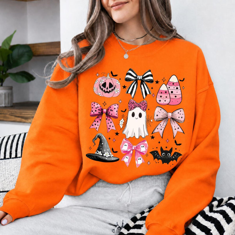 Pink Halloween Ghost Bow Spooky Coquette Icons Sweatshirt and T-Shirt Fall Spooky Season Gift Women Cute Pastel Retro Aesthetic