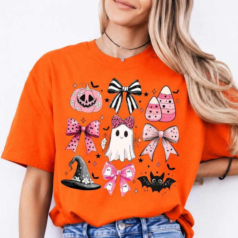 Pink Halloween Ghost Bow Spooky Coquette Icons Sweatshirt and T-Shirt Fall Spooky Season Gift Women Cute Pastel Retro Aesthetic