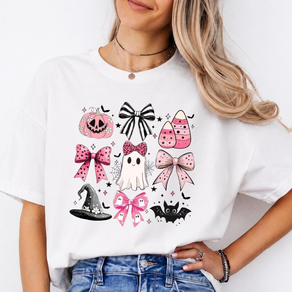 Pink Halloween Ghost Bow Spooky Coquette Icons Sweatshirt and T-Shirt Fall Spooky Season Gift Women Cute Pastel Retro Aesthetic