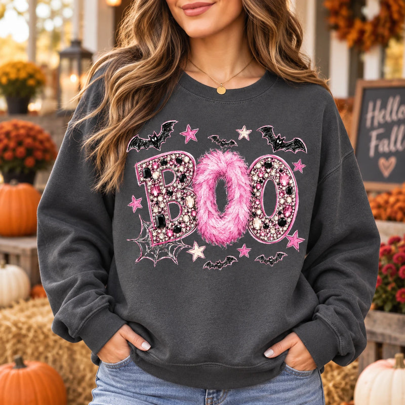 Pink Halloween Sweatshirt BOO Girly Spooky Season Crewneck