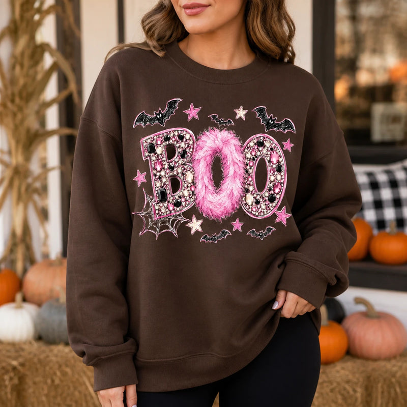 Pink Halloween Sweatshirt BOO Girly Spooky Season Crewneck