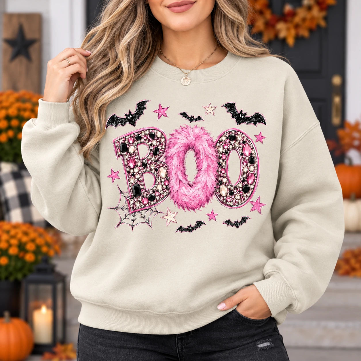 Pink Halloween Sweatshirt BOO Girly Spooky Season Crewneck