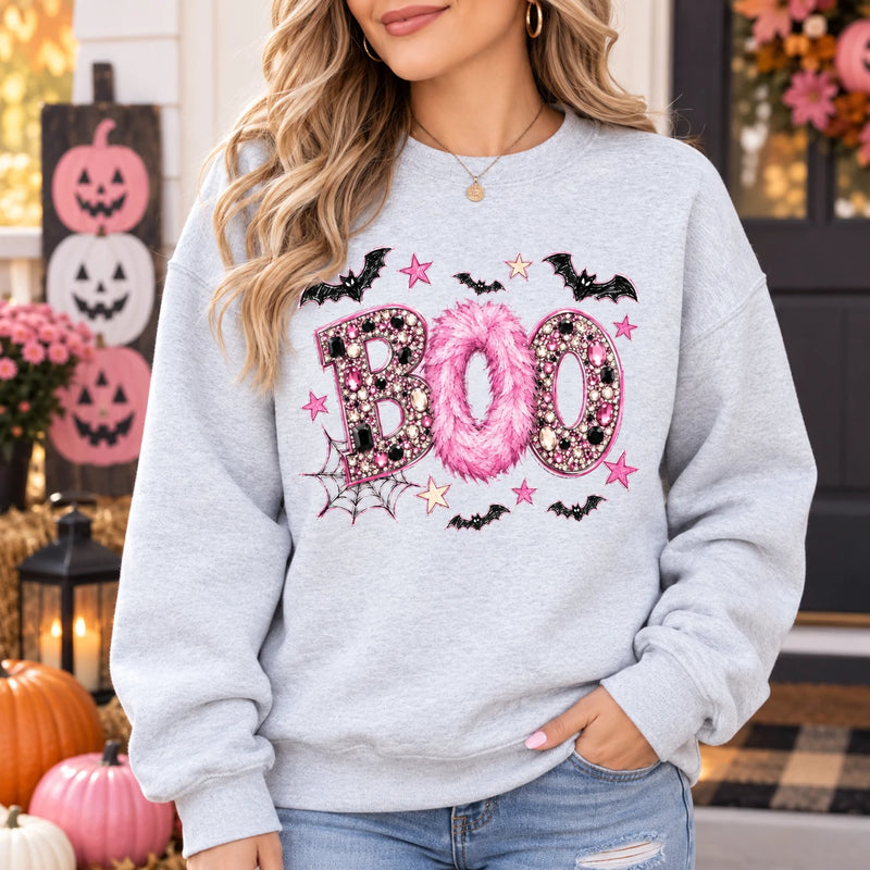 Pink Halloween Sweatshirt BOO Girly Spooky Season Crewneck