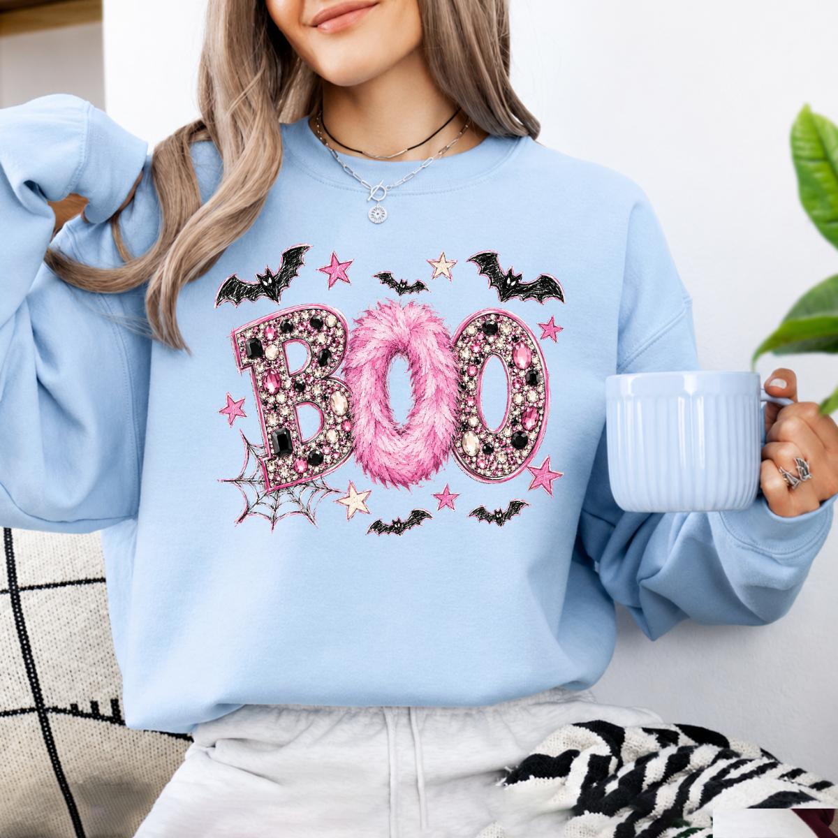 Pink Halloween Sweatshirt BOO Spooky Season Fall Holiday Women Girly Glam