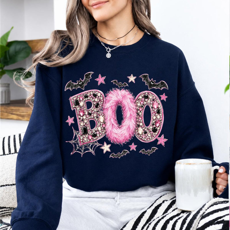 Pink Halloween Sweatshirt BOO Spooky Season Fall Holiday Women Girly Glam