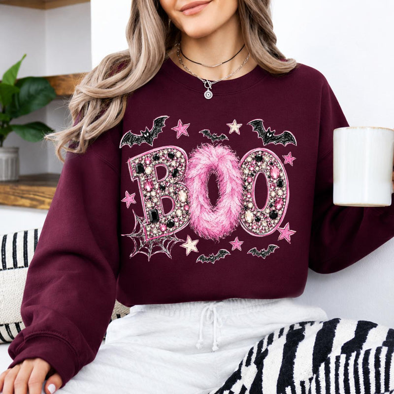 Pink Halloween Sweatshirt BOO Spooky Season Fall Holiday Women Girly Glam