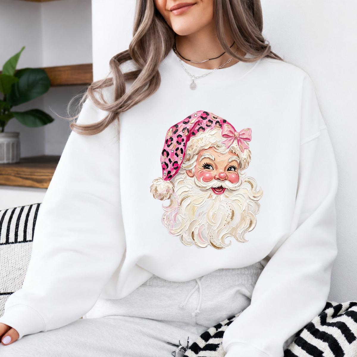 Pink Leopard Santa Sweatshirt Cute Vintage Santa Claus Face Holiday Women Coquette Retro