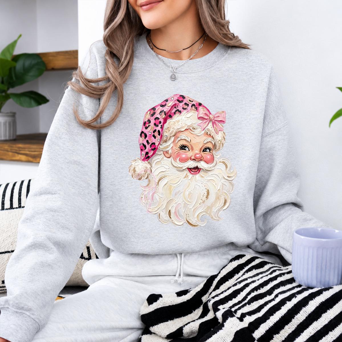 Pink Leopard Santa Sweatshirt Cute Vintage Santa Claus Face Holiday Women Coquette Retro