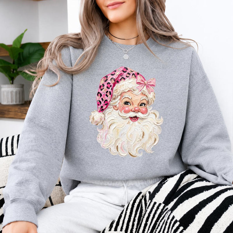 Pink Leopard Santa Sweatshirt Cute Vintage Santa Claus Face Holiday Women Coquette Retro