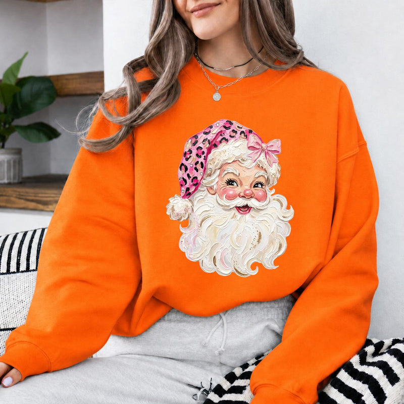 Pink Leopard Santa Sweatshirt Cute Vintage Santa Claus Face Holiday Women Coquette Retro