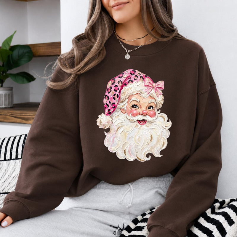Pink Leopard Santa Sweatshirt Cute Vintage Santa Claus Face Holiday Women Coquette Retro