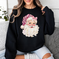 Pink Leopard Santa Sweatshirt Cute Vintage Santa Claus Face Holiday Women Coquette Retro
