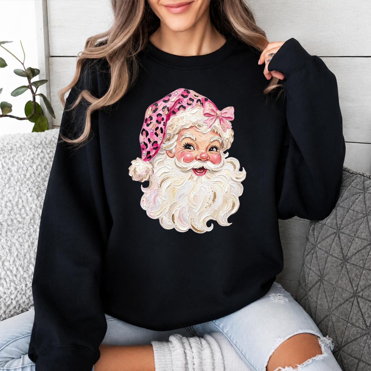 Pink Leopard Santa Sweatshirt Cute Vintage Santa Claus Face Holiday Women Coquette Retro