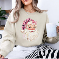 Pink Leopard Santa Sweatshirt Cute Vintage Santa Claus Face Holiday Women Coquette Retro