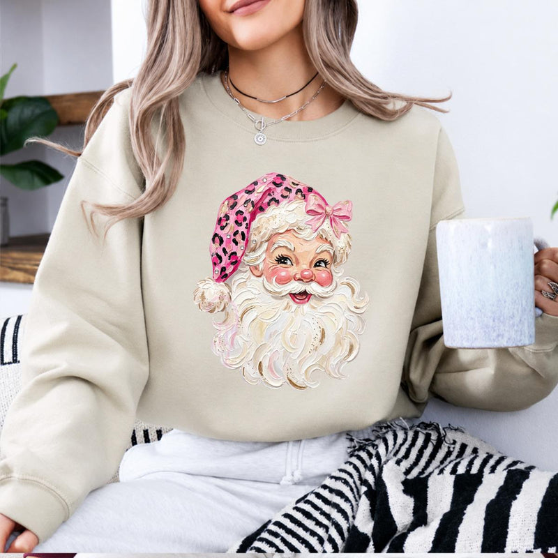 Pink Leopard Santa Sweatshirt Cute Vintage Santa Claus Face Holiday Women Coquette Retro